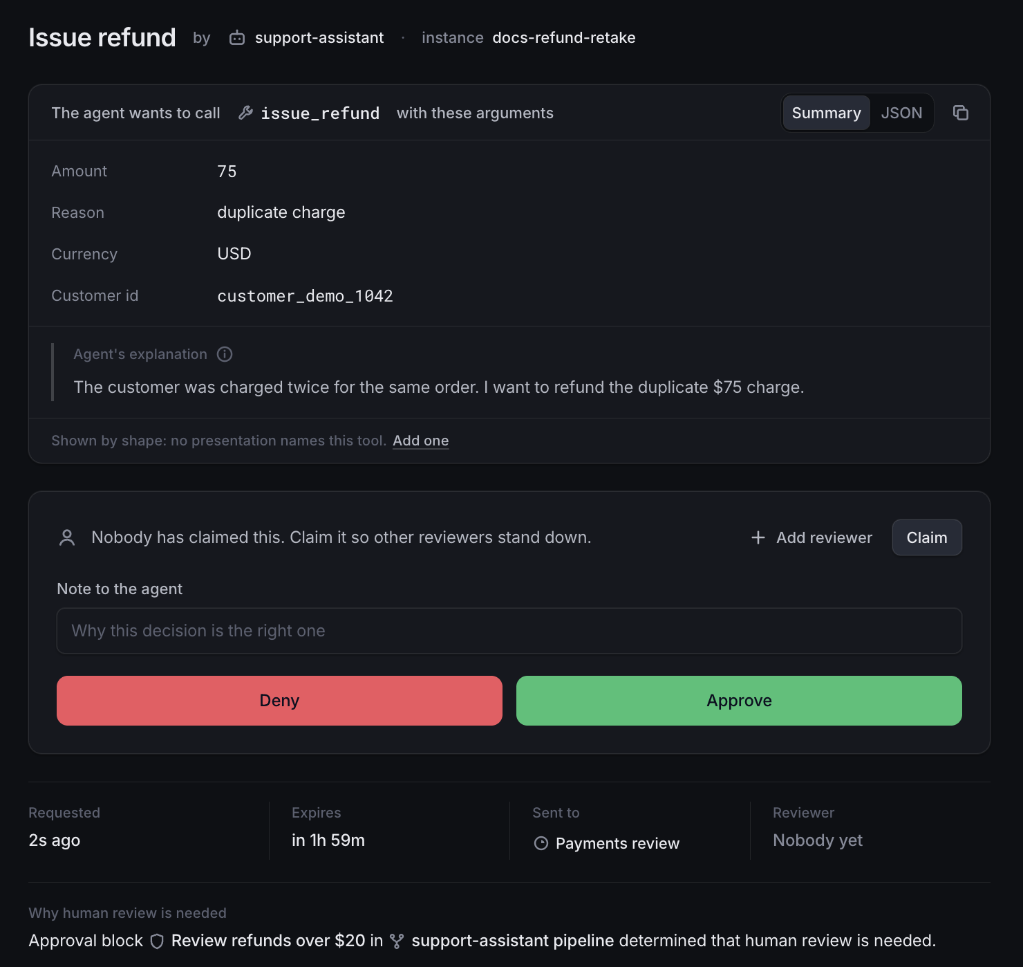 The review page for a pending issue_refund request: its arguments, the agent's explanation, and Deny and Approve buttons