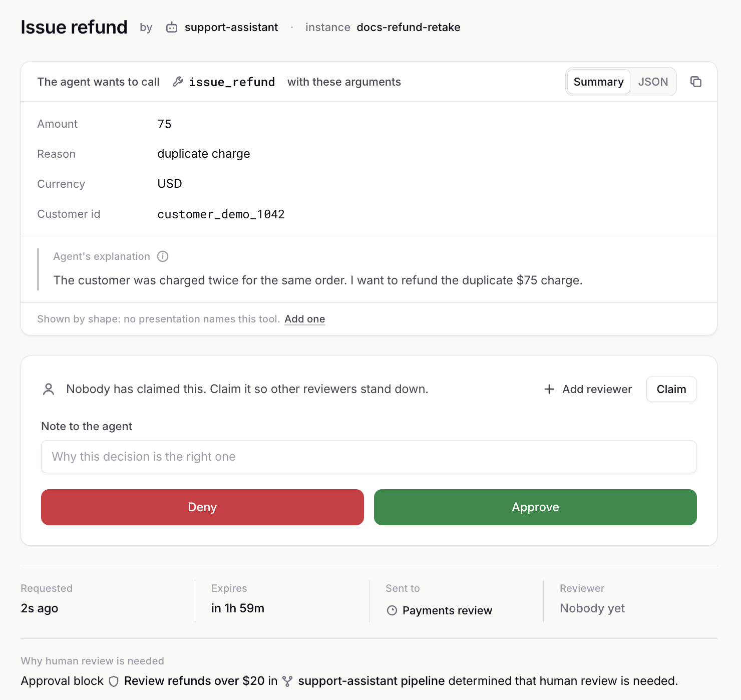 The review page for a pending issue_refund request: its arguments, the agent's explanation, and Deny and Approve buttons