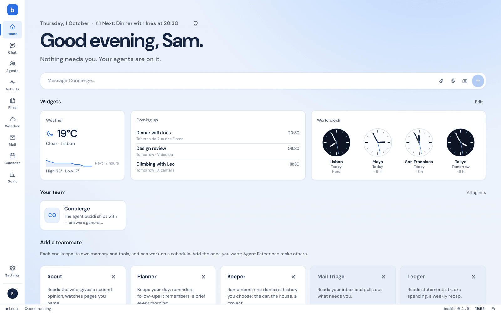 Home: Good evening, Sam, the composer, then three widgets — the weather in Lisbon, what is coming up and a world clock with four analog faces — and the team.