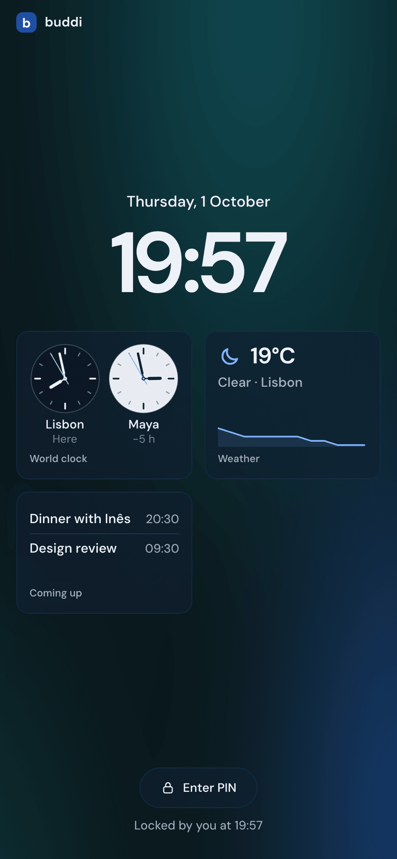 The same lock screen on a phone, on the Sea background in dark mode: the time, two clock faces, the weather, the next two events and Enter PIN.