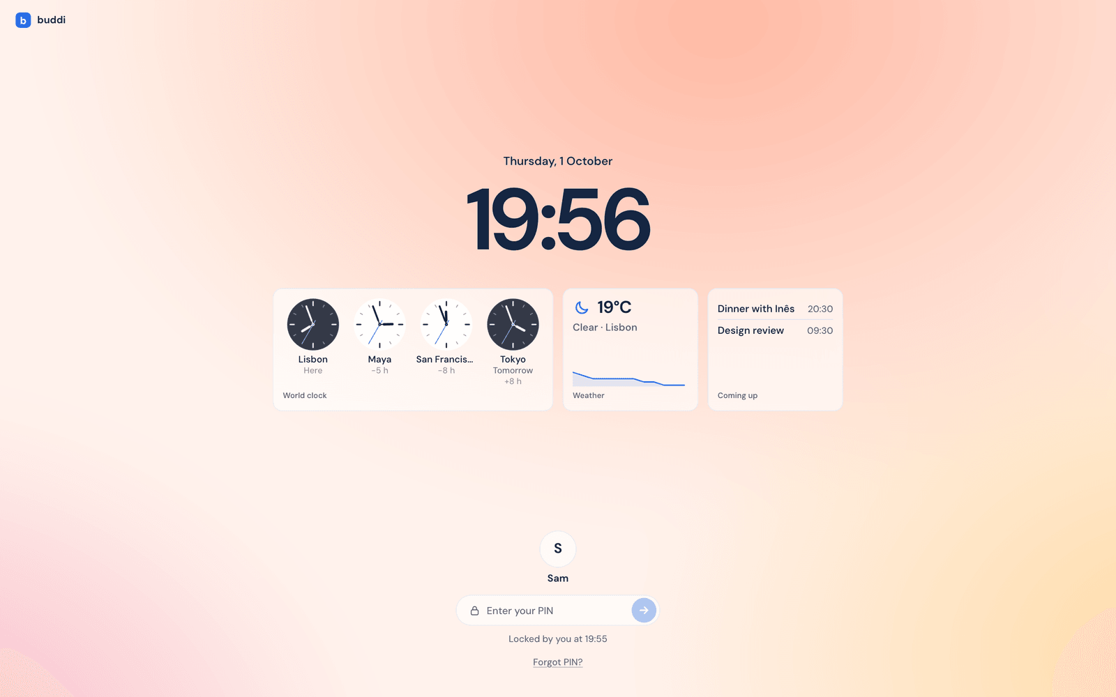 The lock screen on the Dawn background: Thursday, 1 October and 19:56 large, a world clock with analog faces for Lisbon, New York, San Francisco and Tokyo, the weather in Lisbon, the next two events, and the PIN field for Sam.