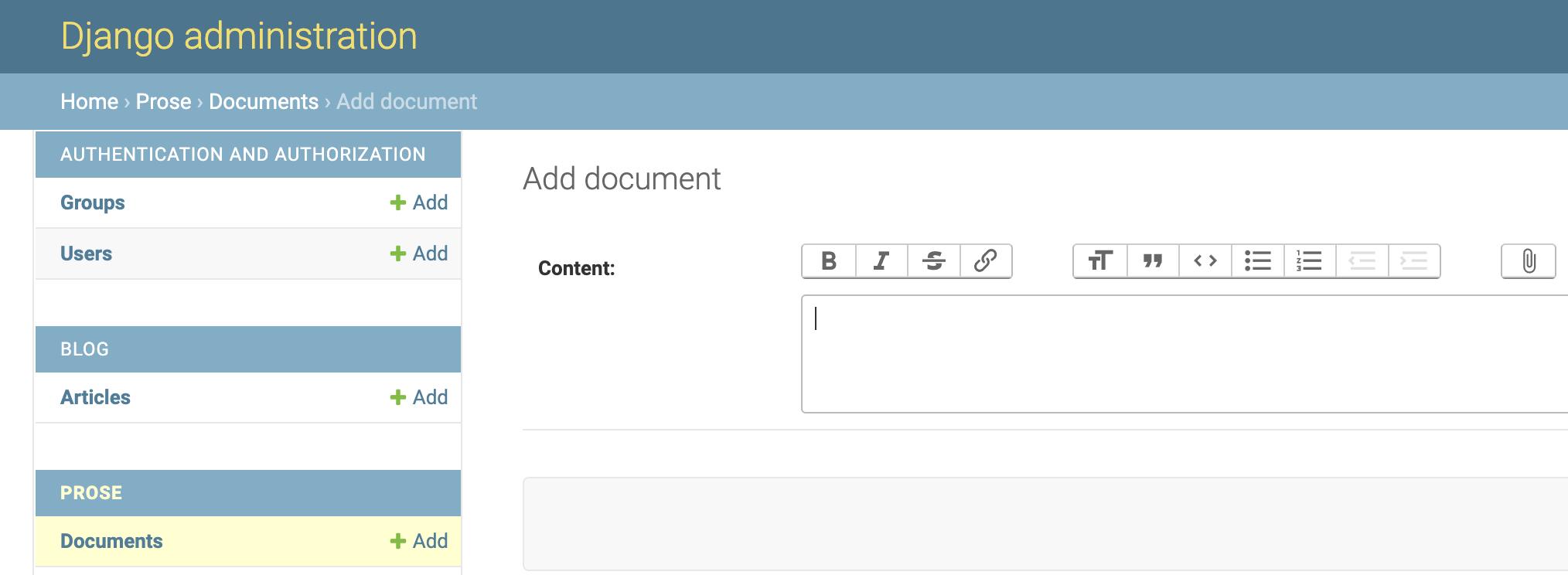 Django Prose Document in Django Admin