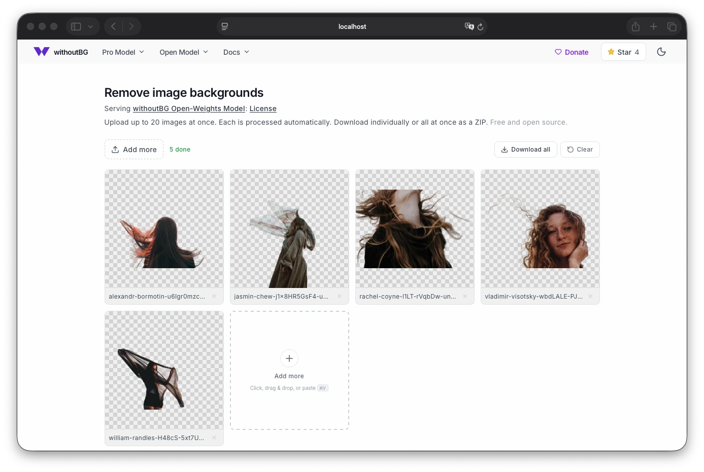 withoutBG Docker web app showing a cutout preview after background removal