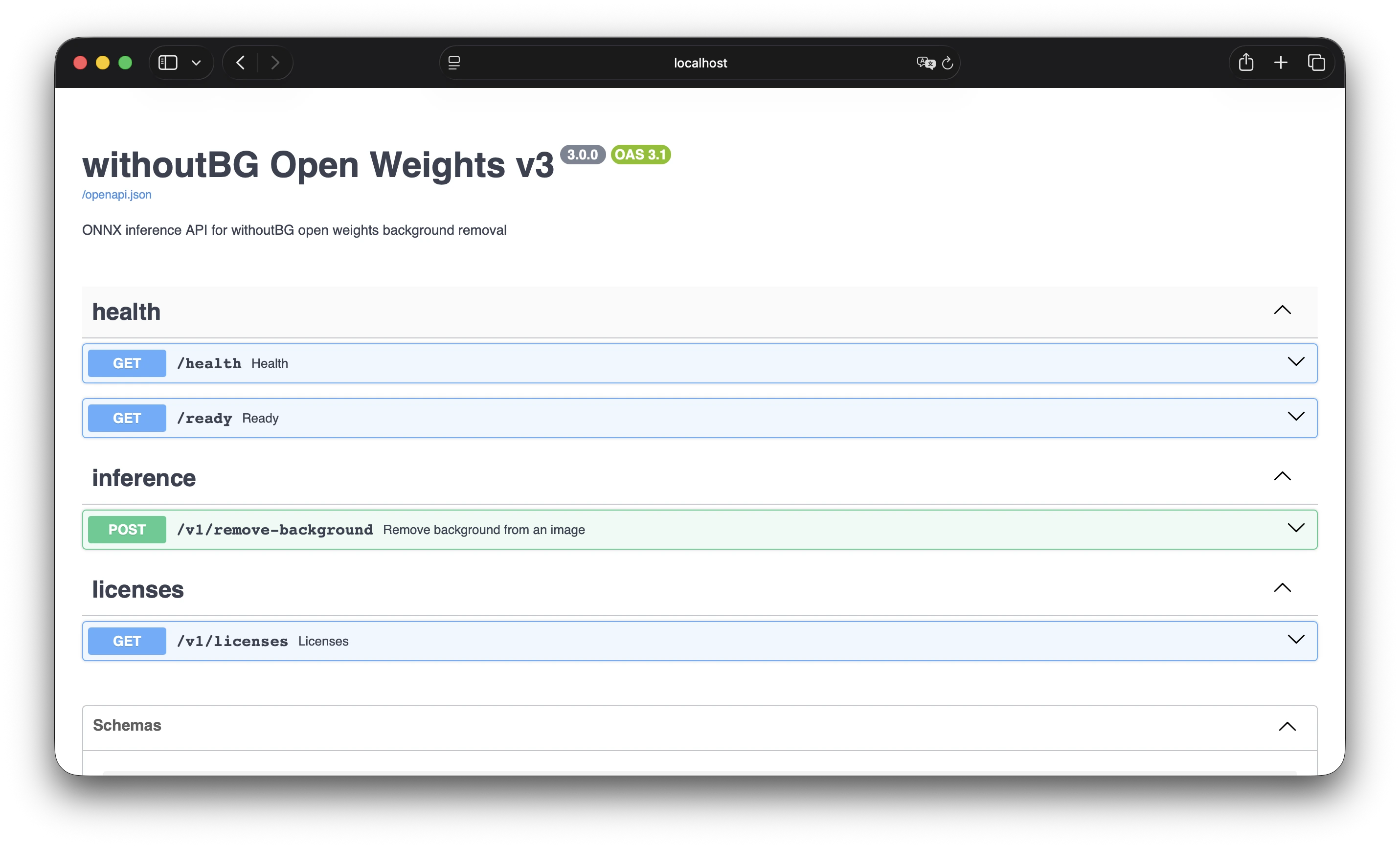 Swagger UI for the withoutBG headless Docker service listing remove-background and health endpoints