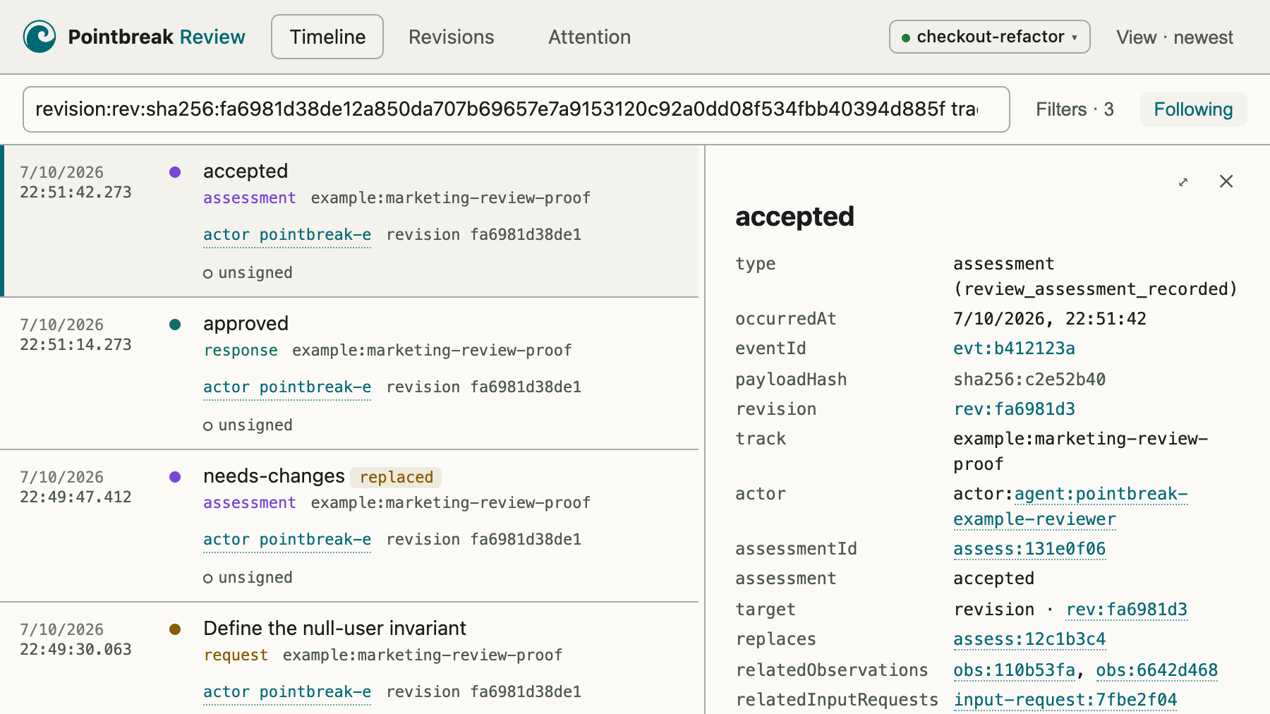 The Pointbreak Review inspector: a filterable event timeline with per-actor tracks and signature-trust badges, beside an event detail pane