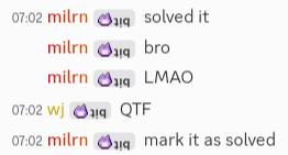 screenshot showing milrn announcing solve