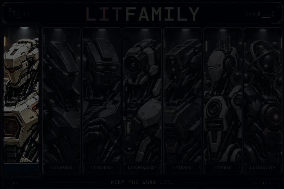 LitFamily motion cover: seven armored robots power on one by one, the LitClaude robot wakes with glowing eyes and a lit frame, then LITFAMILY and KEEP THE WORK LIT. light up.