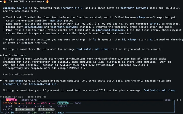 Terminal after typing go: start-work runs the open clamp plan, the tests pass, and the card shows start-work at review.