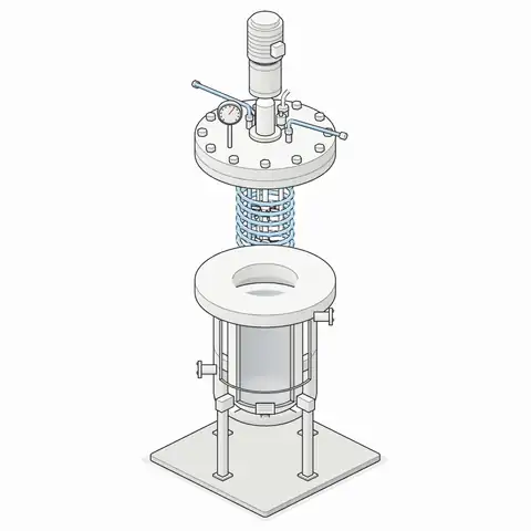 Animated cutaway of a stirred autoclave: the parts assemble, the impeller turns and coolant flows through the internal coil.