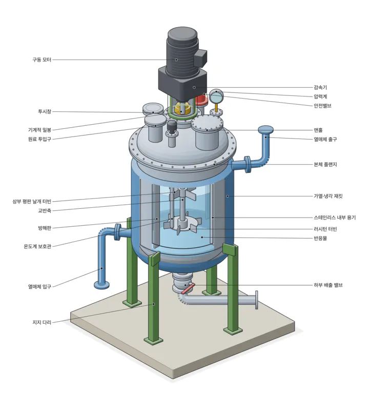 Isometric cutaway of a jacketed stirred batch reactor in material colours: motor on top, steel shell cut open to show the blue liquid, impeller and coil, green legs on a concrete pad, Korean callouts on both sides.