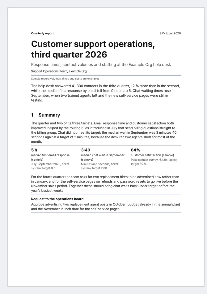 Pages from an English quarterly support report and a Korean pilot-project proposal, each with its own cover treatment.