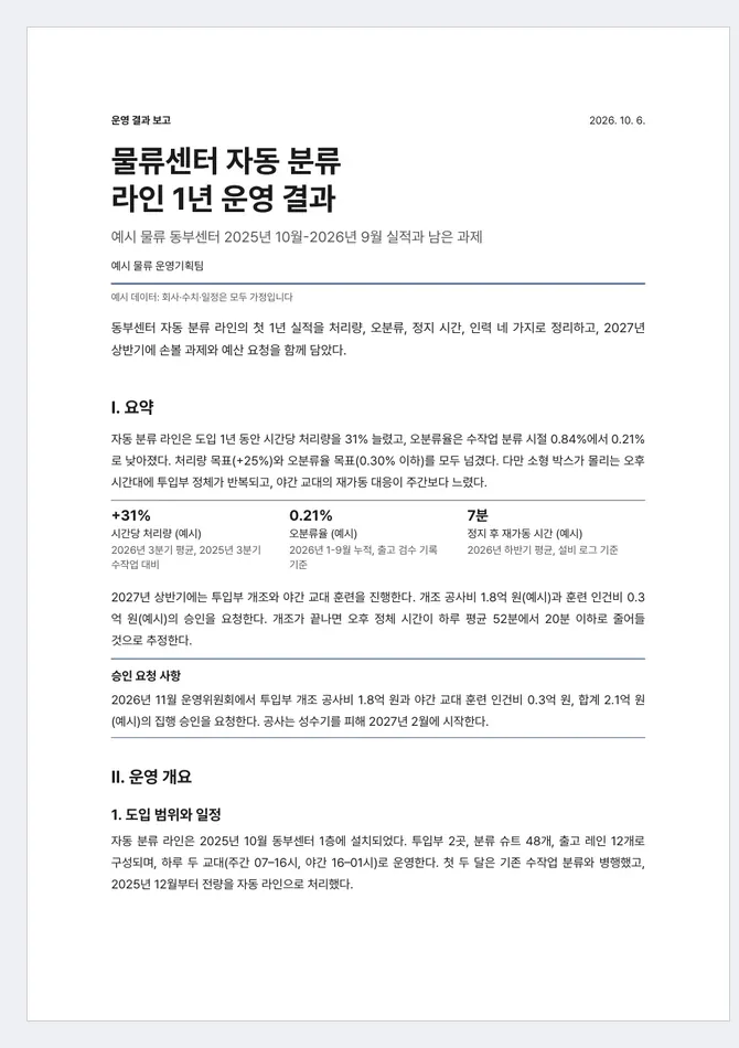 Three pages of a Korean operations report: a title page with three key figures and an approval box, then pages with ruled tables and numbered sections.
