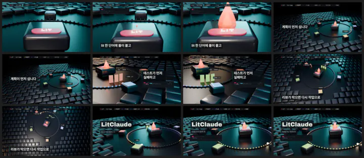 Twelve frames of the hero film in a grid: the keycap lights up, Korean captions for each stage appear, and the last row lands on the LitClaude title.