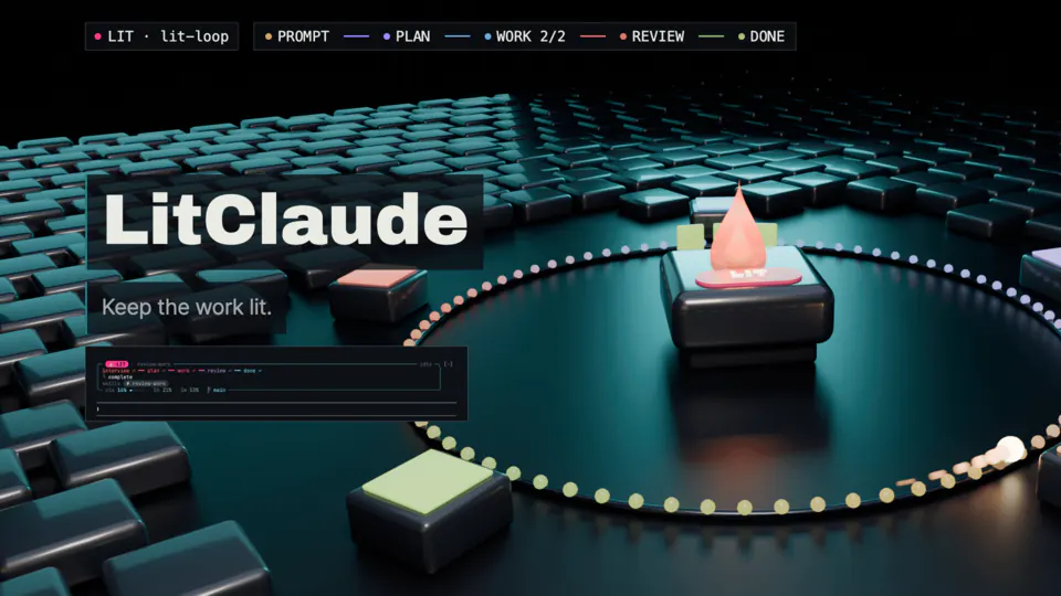 Poster frame of the film: a glowing flame keycap on a dark teal field of keys, the word LitClaude, and a stage bar reading PROMPT, PLAN, WORK 2/2, REVIEW and DONE.