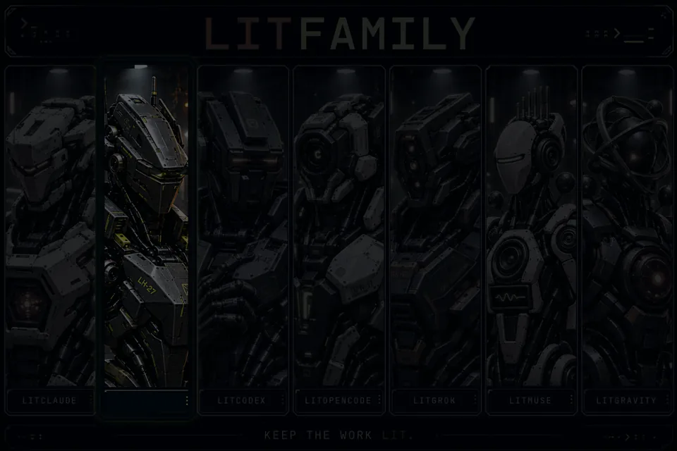 LitFamily motion cover: seven armored robots power on one by one, the LitHermes robot wakes with glowing eyes and a lit frame, then LITFAMILY and KEEP THE WORK LIT. light up.