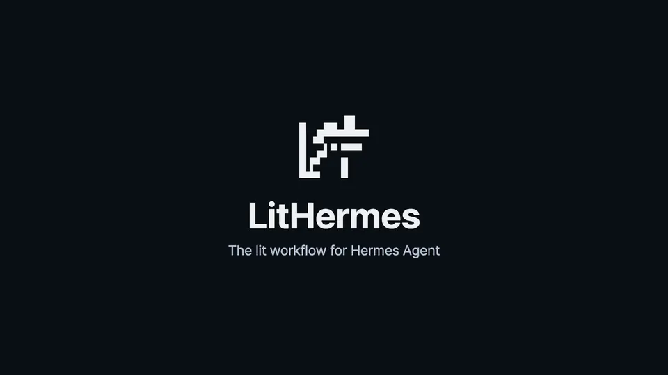 A short silent film of a real Hermes session with LitHermes, in seven numbered steps. It opens on the LitHermes mark and "The lit workflow for Hermes Agent". 1, start with "lit plan": the request "lit plan add a --shout flag that prints the greeting in capitals, with a test" is typed in. 2, the workflow map at PLAN: the reply ends with the LIT mark, "🔥 LIT IGNITED · lit-plan 🔥", and under it the map row "🔥 LIT · lit-plan — 📝 PLAN › 🔨 · › 🔍 · › 🏁 ·". 3, /start-work runs the plan: the test-first and verification skills, test-driven-development and verification-before-completion, load before any code. 4, a failing test first: it runs npm run test on the new tests and checks that the run fails before greet.js changes. 5, then the fix and real tests: greet.js gains the toUpperCase line and npm run test runs again. 6, done, with a review: the lit answer box says the tests and the final review pass, and node greet.js --shout Ada prints HELLO, ADA!. 7, the map, all done: after "lit recap", the LIT mark "🔥 LIT IGNITED · lit-recap 🔥" and the row "🔥 LIT · lit-recap — 📝 plan ✓ › 🔨 work ✓ › 🔍 review ✓ › 🏁 done ✓". It closes on the LitHermes mark and the install command.
