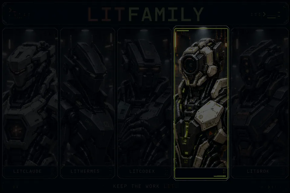 LitFamily motion cover: five armored robots power on one by one, the LitOpenCode robot wakes with glowing eyes and a lit frame, then LITFAMILY and KEEP THE WORK LIT. light up.