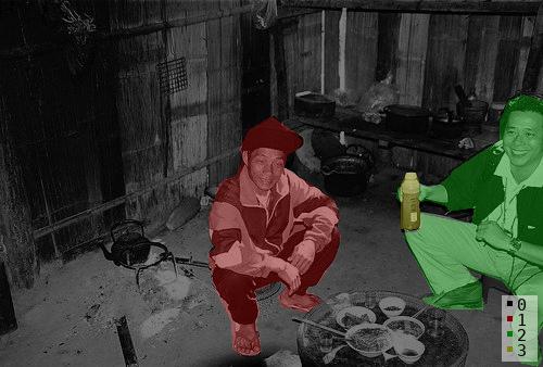 The source image beside its class mask and its per-instance mask visualisation