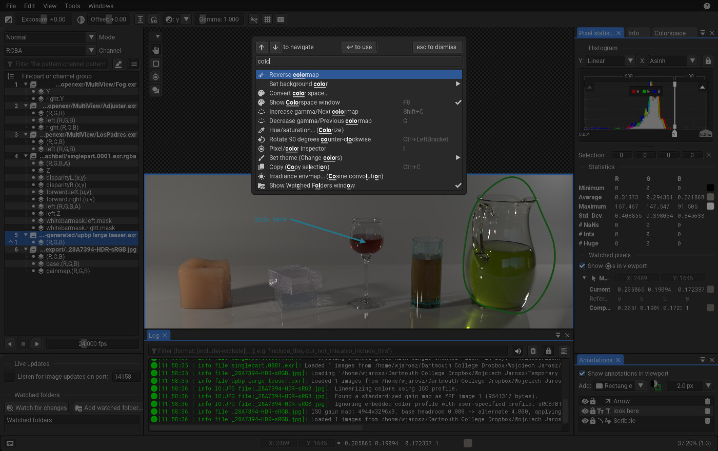 The command palette over an image marked up with an arrow, a caption and a freehand circle, with the Annotations panel listing them and the Log window below the viewport