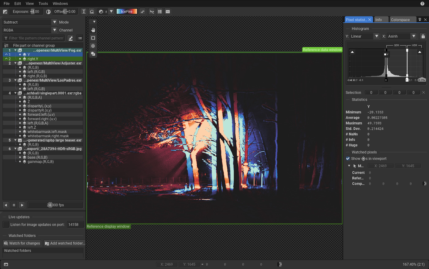 The signed difference between the two views of a stereo EXR, through the IceFire colormap