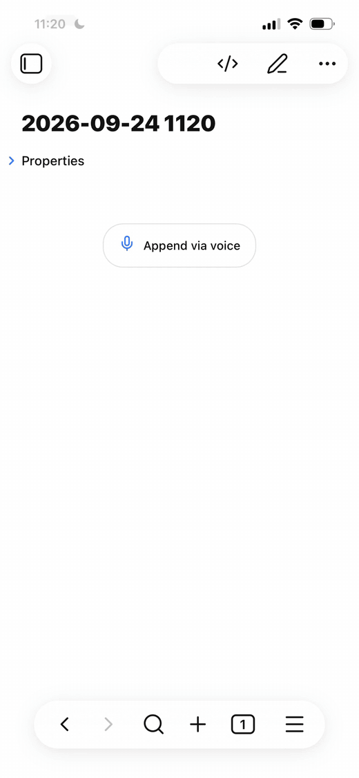 Voice Append recording, transcribing, cleaning up, and appending three thoughts to an Obsidian note