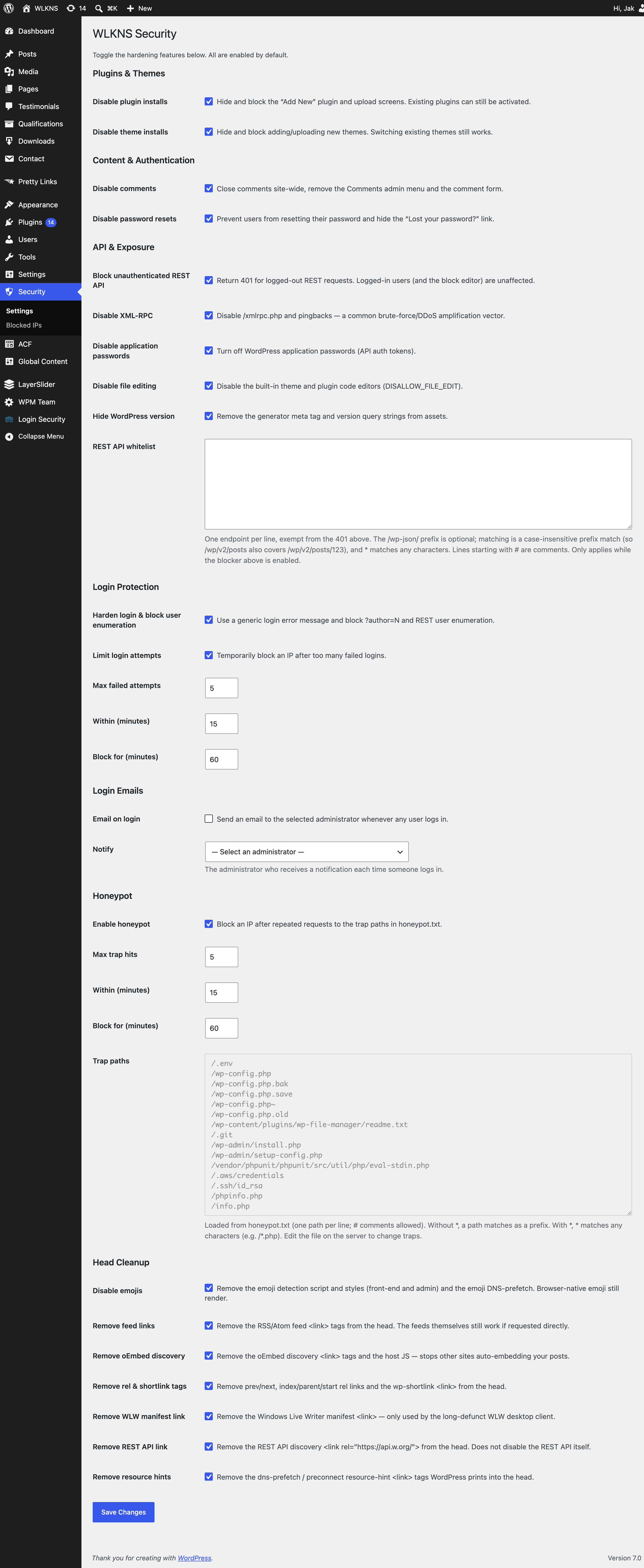 Security settings screen