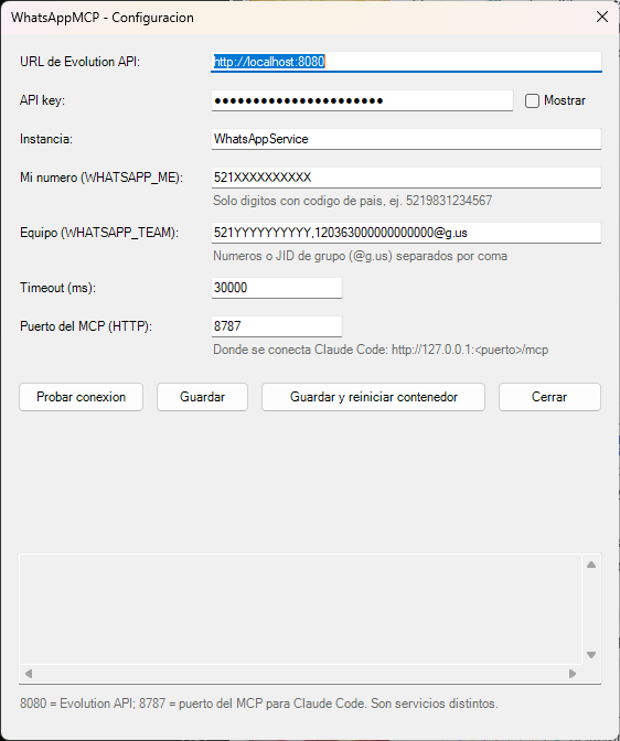 Ventana de configuración recién abierta, con los campos URL de Evolution, API key, instancia, número, equipo, timeout y puerto