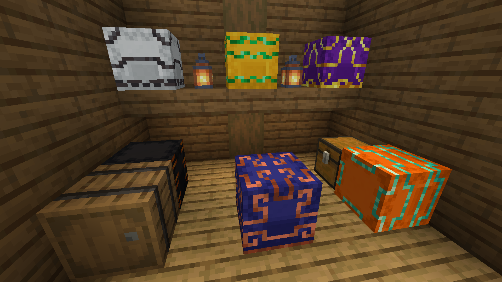 A collection of shulker boxes with various colors and trims in a room