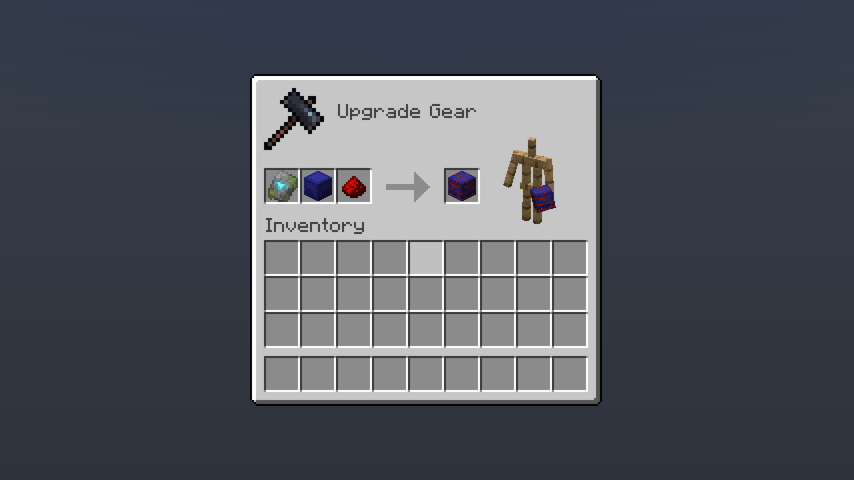 A Wild armor trim, blue shulker box, and redstone dust in the smithing table GUI, with a trimmed shulker box in the output slot