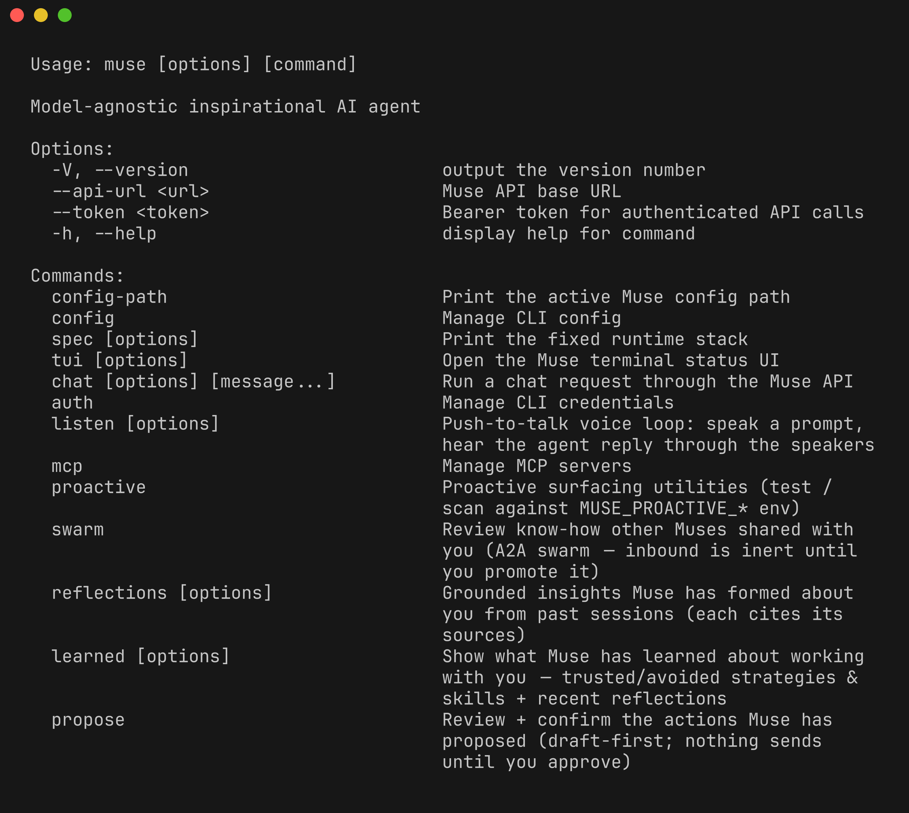 muse --help command catalog