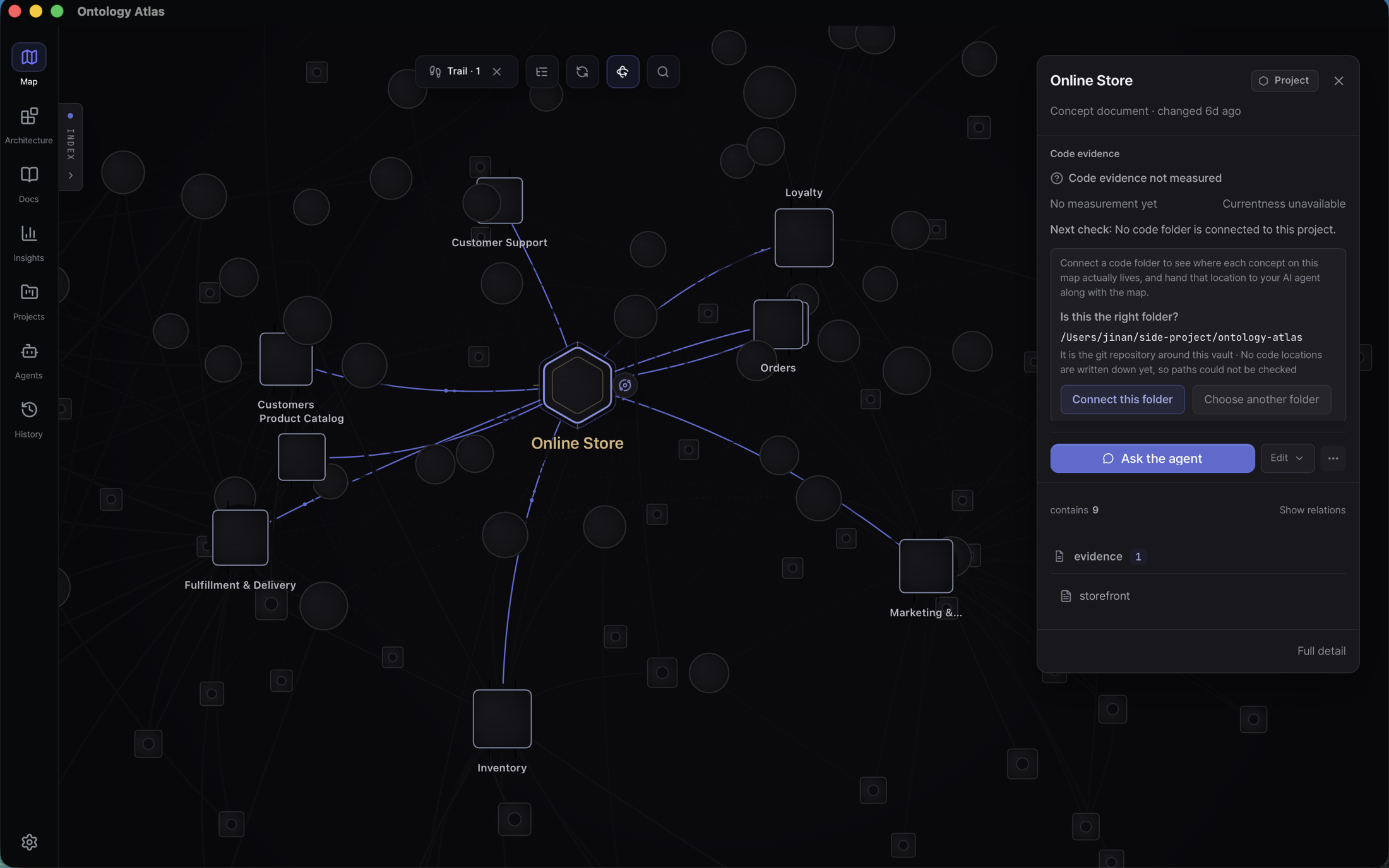 The current Ontology Atlas macOS app with the Online Store project selected: the domains it contains named around it, everything unrelated receding, and the right inspector showing the project record, its code-evidence state, and the offer to connect a code folder
