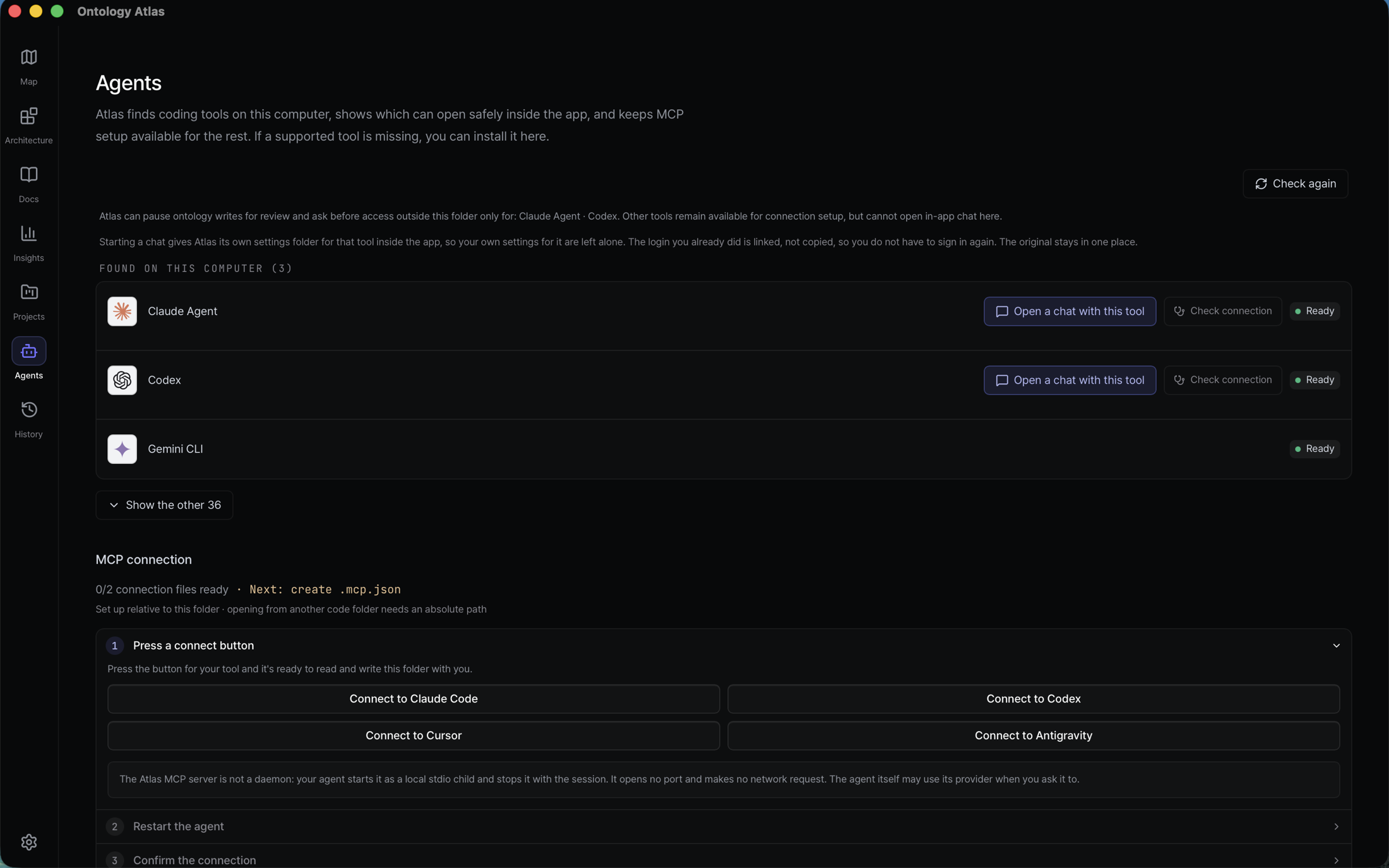 The current Agents screen in the installed macOS app, listing the coding tools found on this computer with their readiness, the option to show the rest, and the three-step MCP connection flow for the selected folder