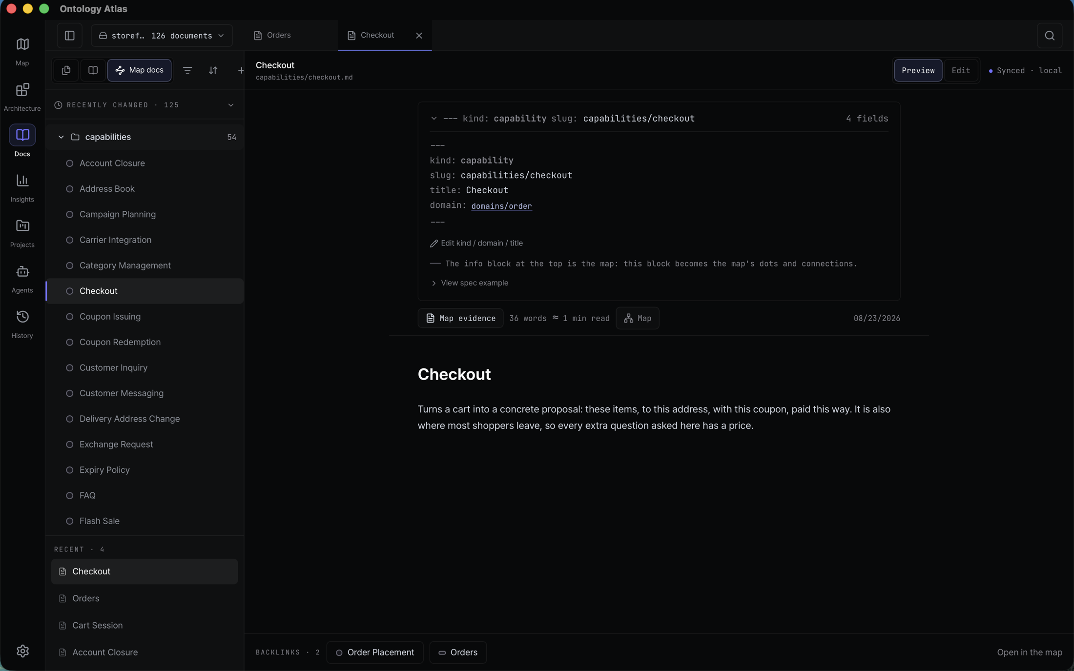 The current Docs workspace in the installed macOS app, with the vault tree open on the capabilities folder, the Checkout document beside it, its expanded frontmatter, word count and source date, its backlinks, and a link back to the same node on the map