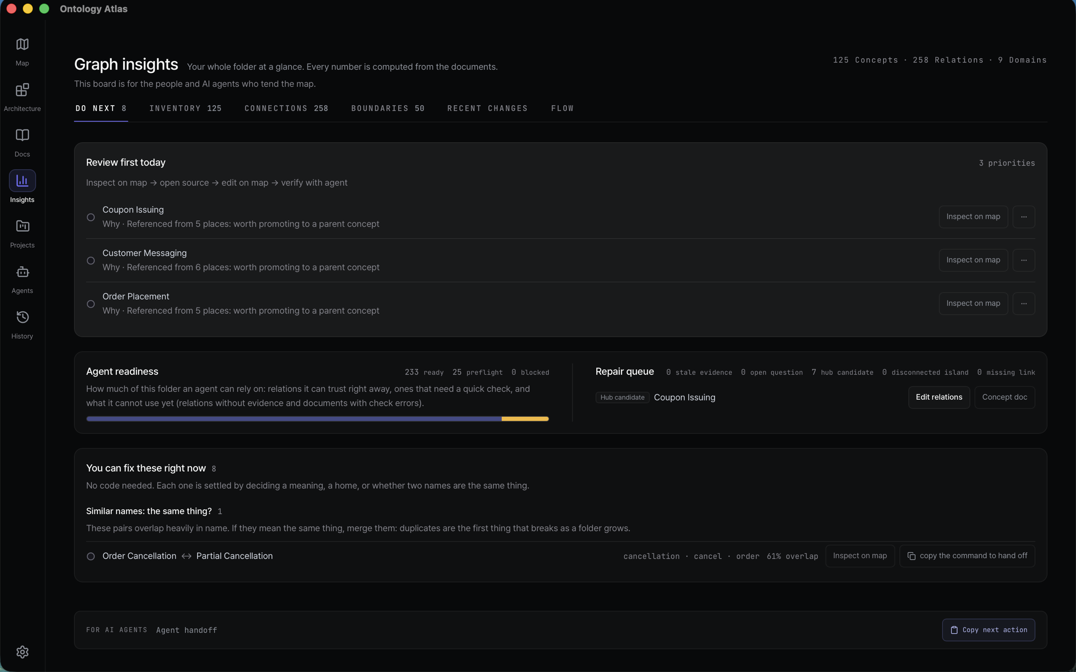 The current Insights screen in the installed macOS app, with its Do next, Inventory, Connections, Boundaries, Recent changes and Flow tabs, three review priorities, an agent-readiness bar, a repair queue, and the fixes that need no code