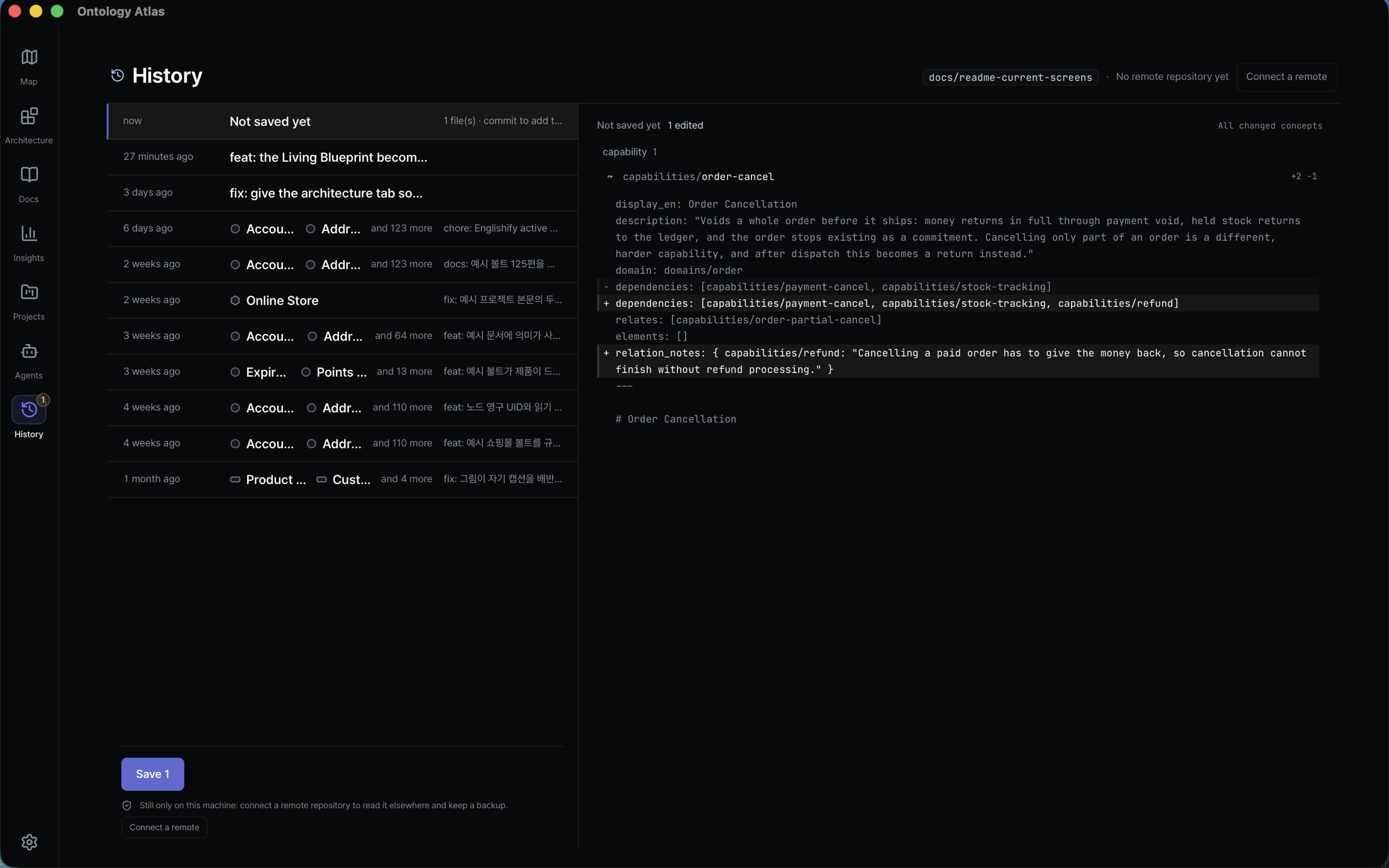 The current History screen in the installed macOS app, showing one unsaved concept change, the exact Markdown diff of the dependencies and relation_notes lines, the current branch, earlier vault commits, and the explicit save action