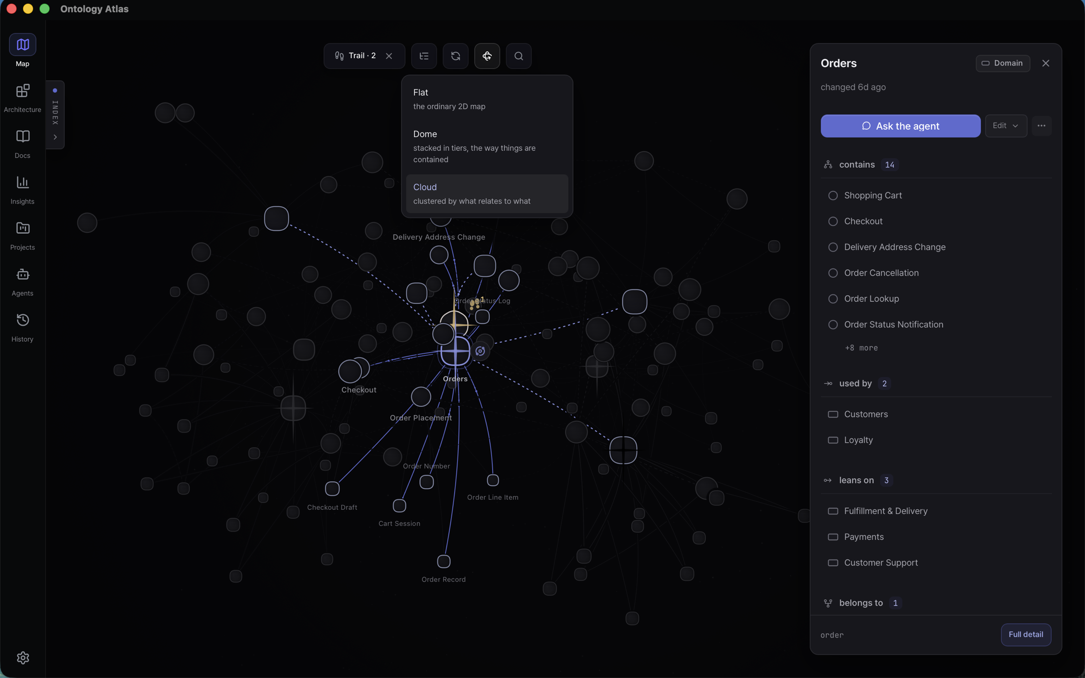 The current 3D picker in the installed macOS app, offering Flat for the ordinary 2D map, Dome for tiers stacked the way things are contained, and Cloud for clustering by what relates to what