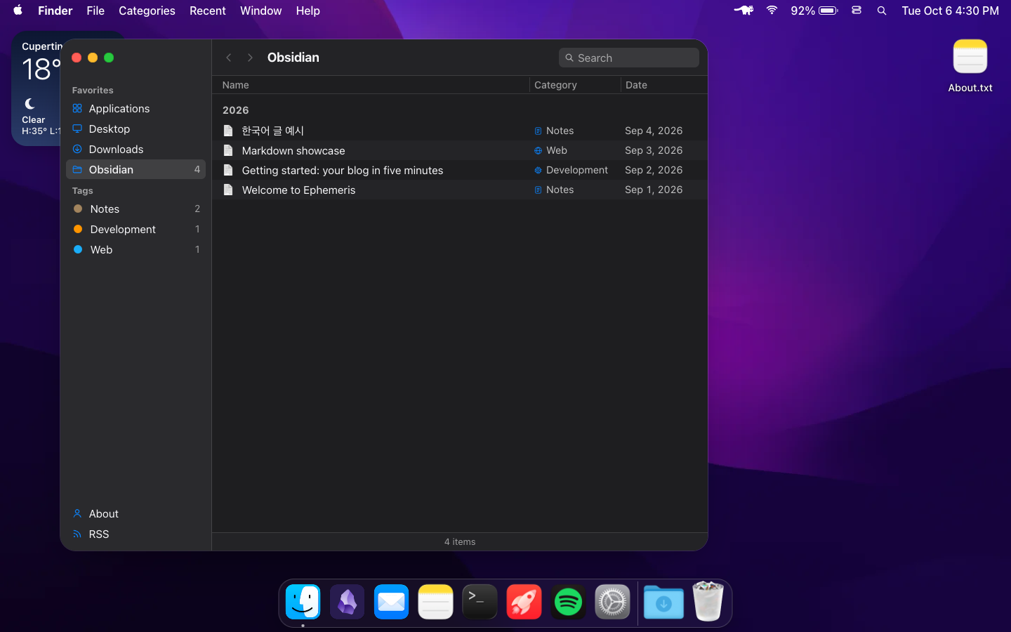 Finder listing posts, dark appearance