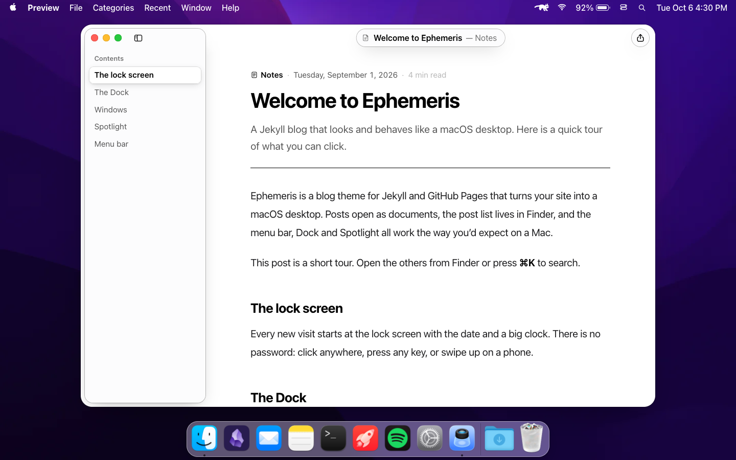 A post open in the Preview window, light appearance