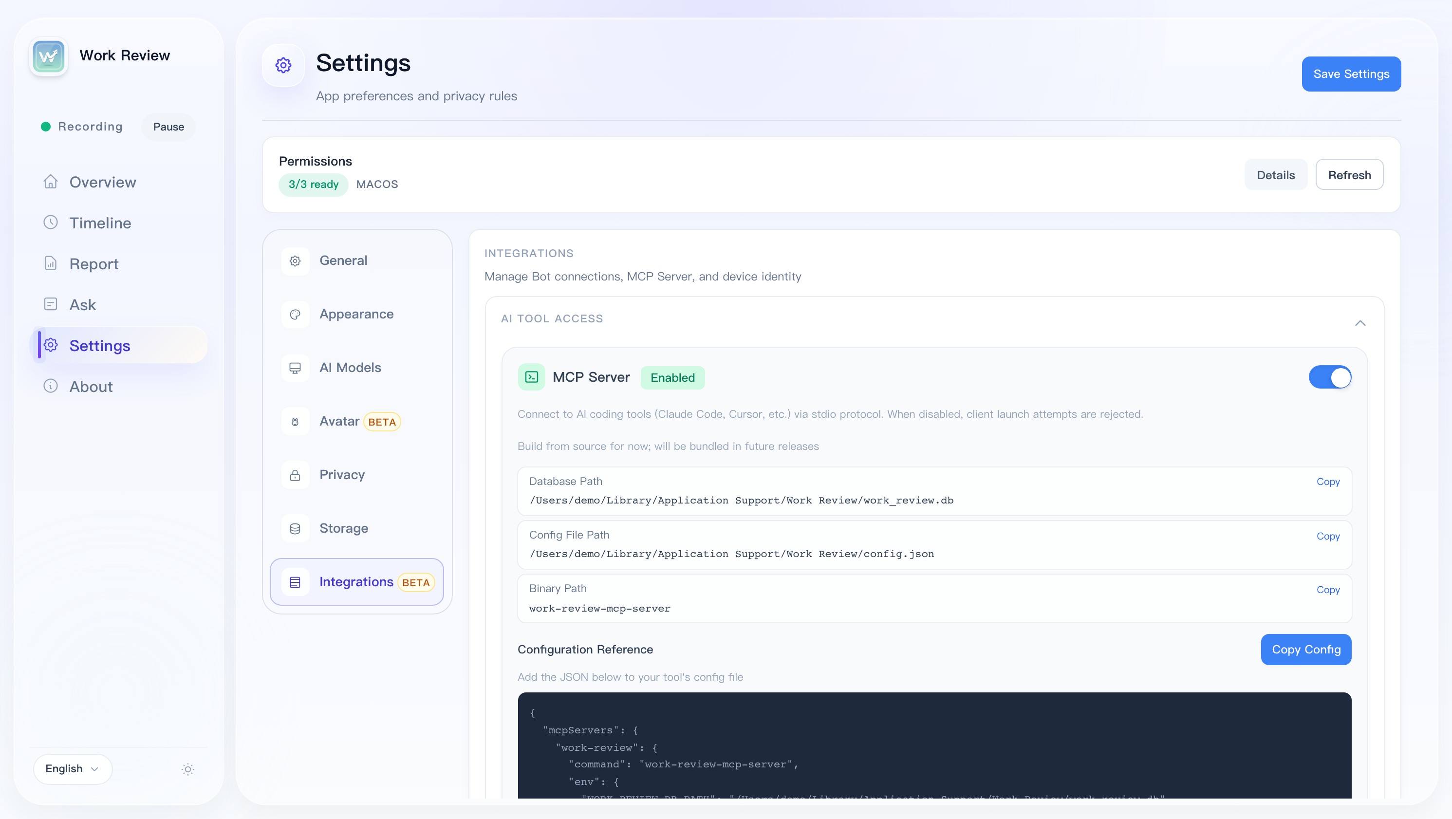 Integrations and MCP Server settings