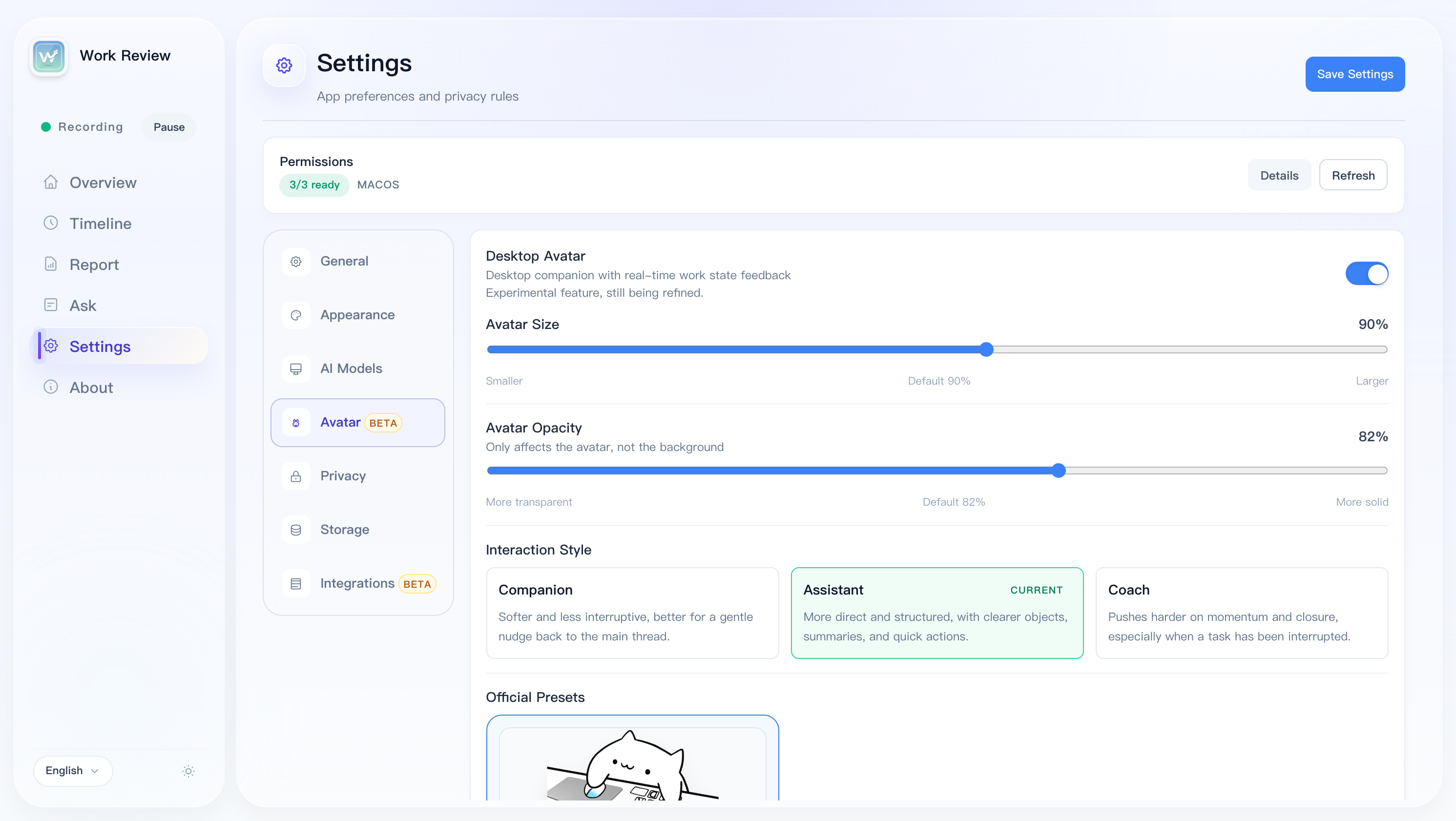 Desktop Avatar Settings