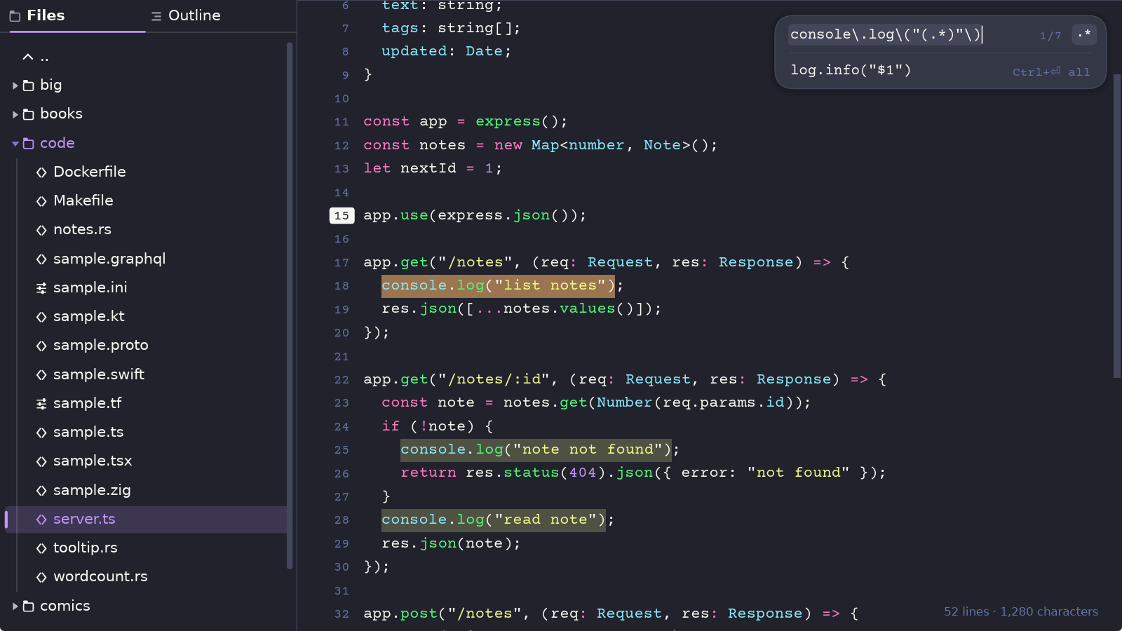 Editing code in Oryx with line numbers and regex find and replace