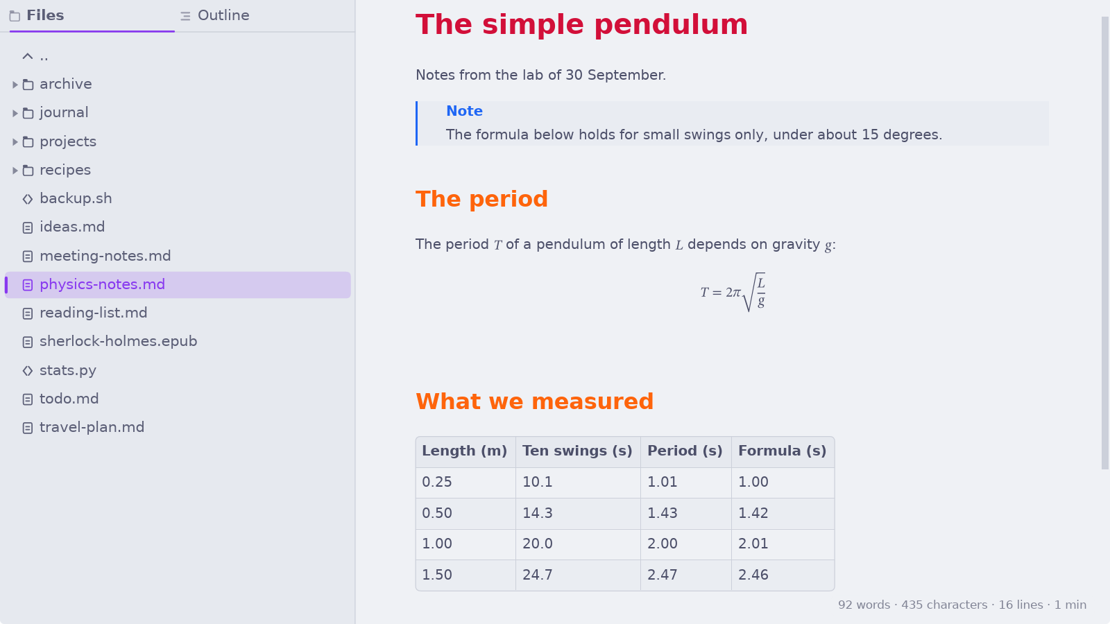 Oryx rendering an alert, a table and typeset math