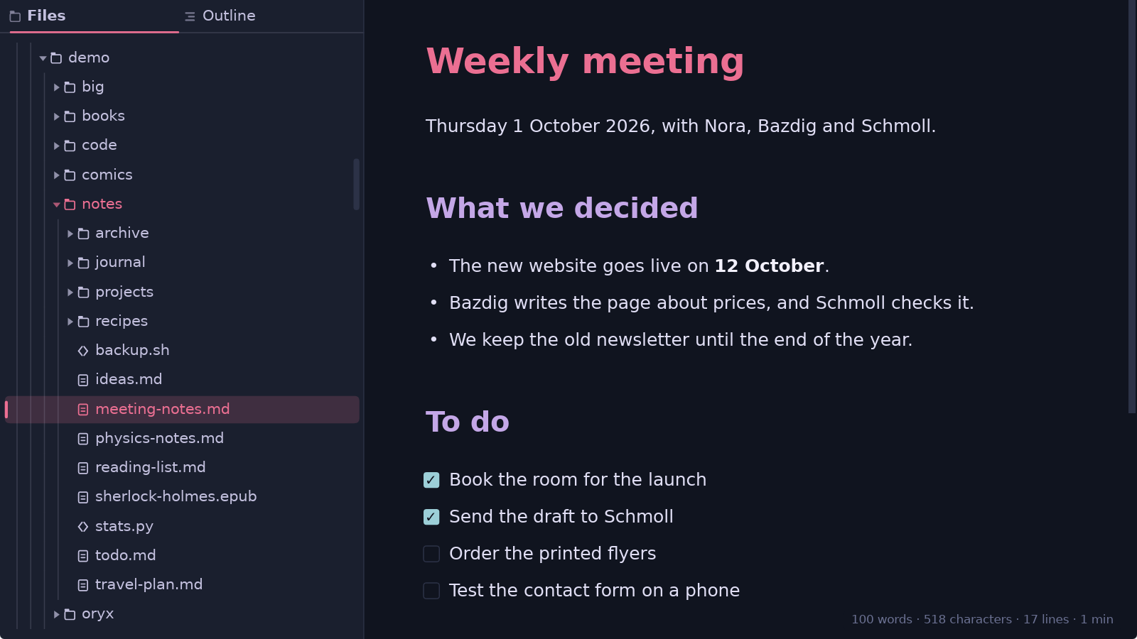The Oryx sidebar on a folder of notes, with a note open