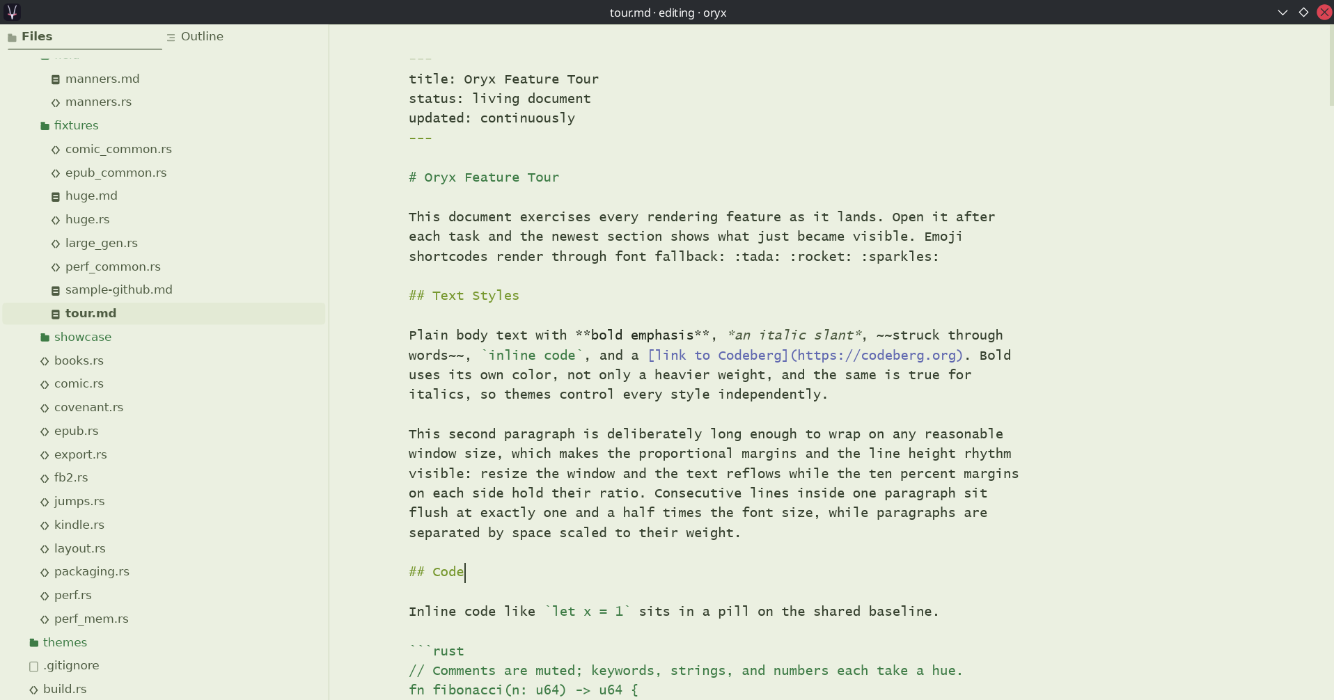 Oryx editor showing Markdown source in the Meadow theme