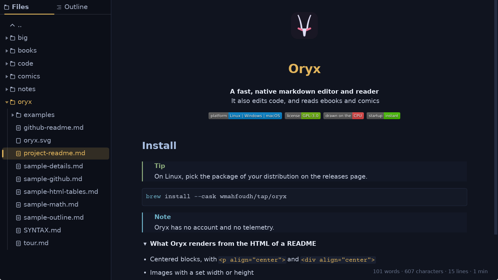 A GitHub-style README rendered in Oryx