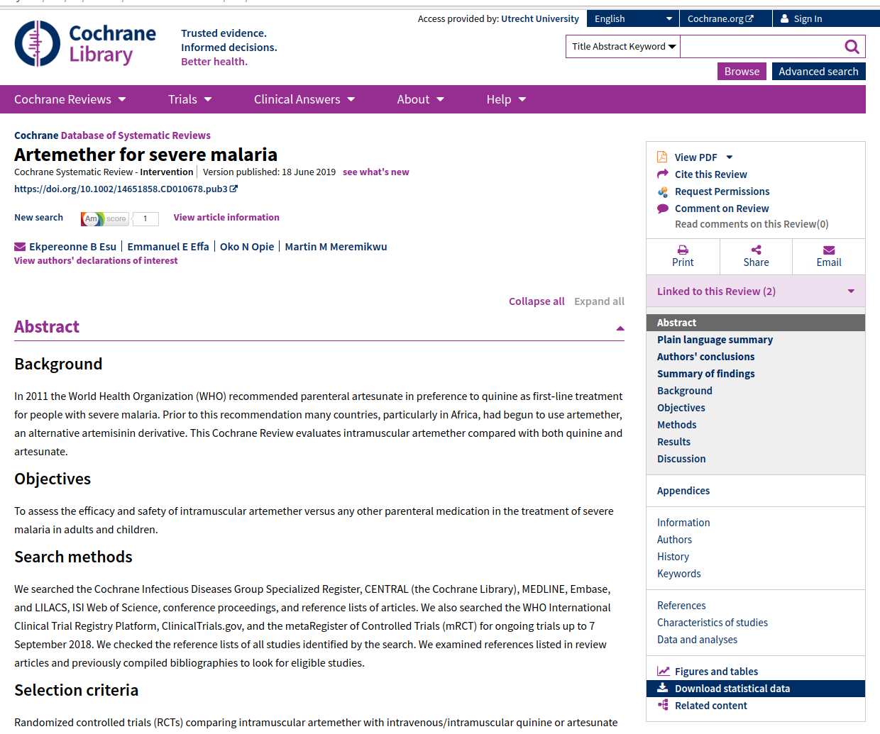 Example of Cochrane Review with data entry in right-sided menu