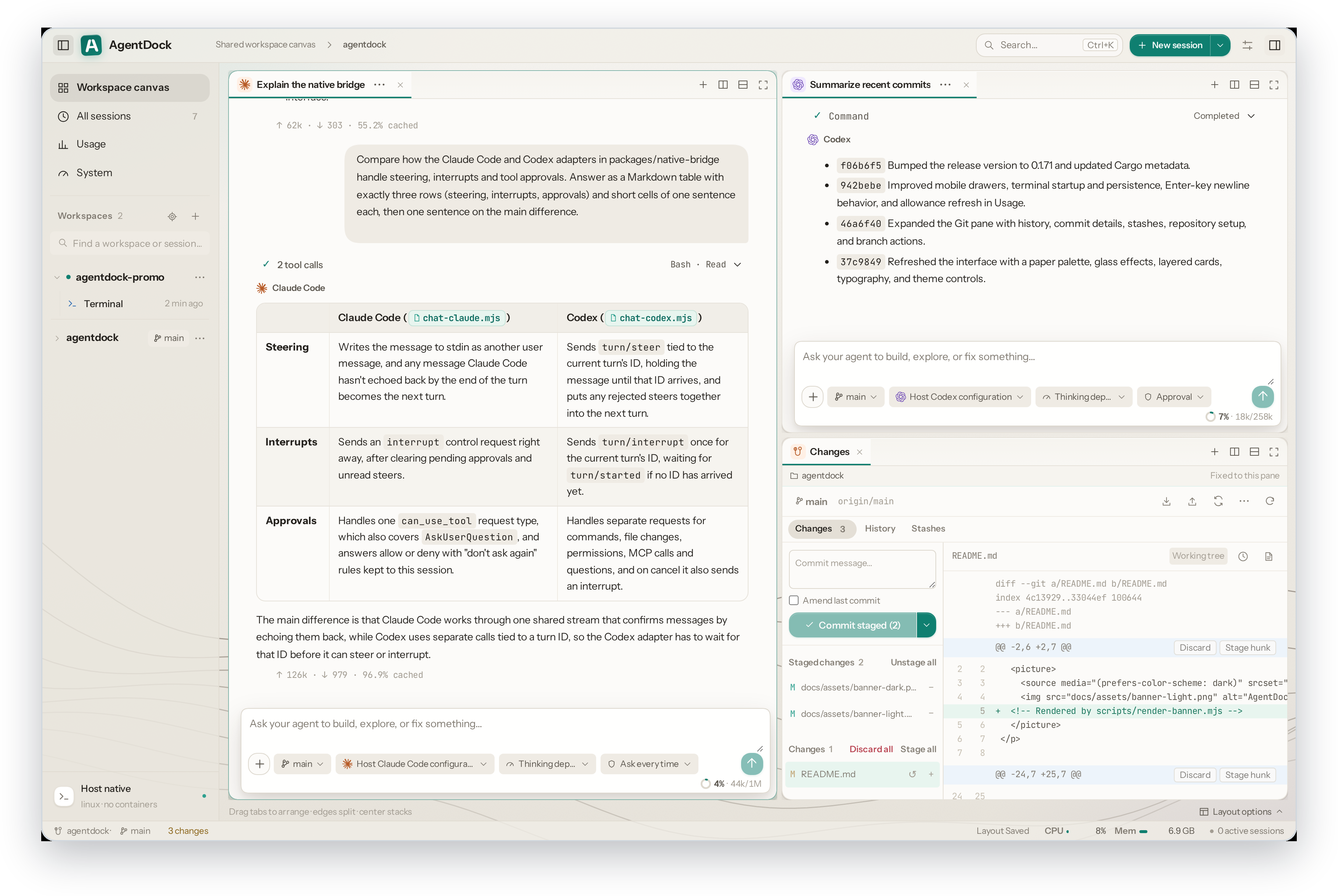 The Tendly canvas: two agent sessions side by side, and Git changes with a diff bottom right.