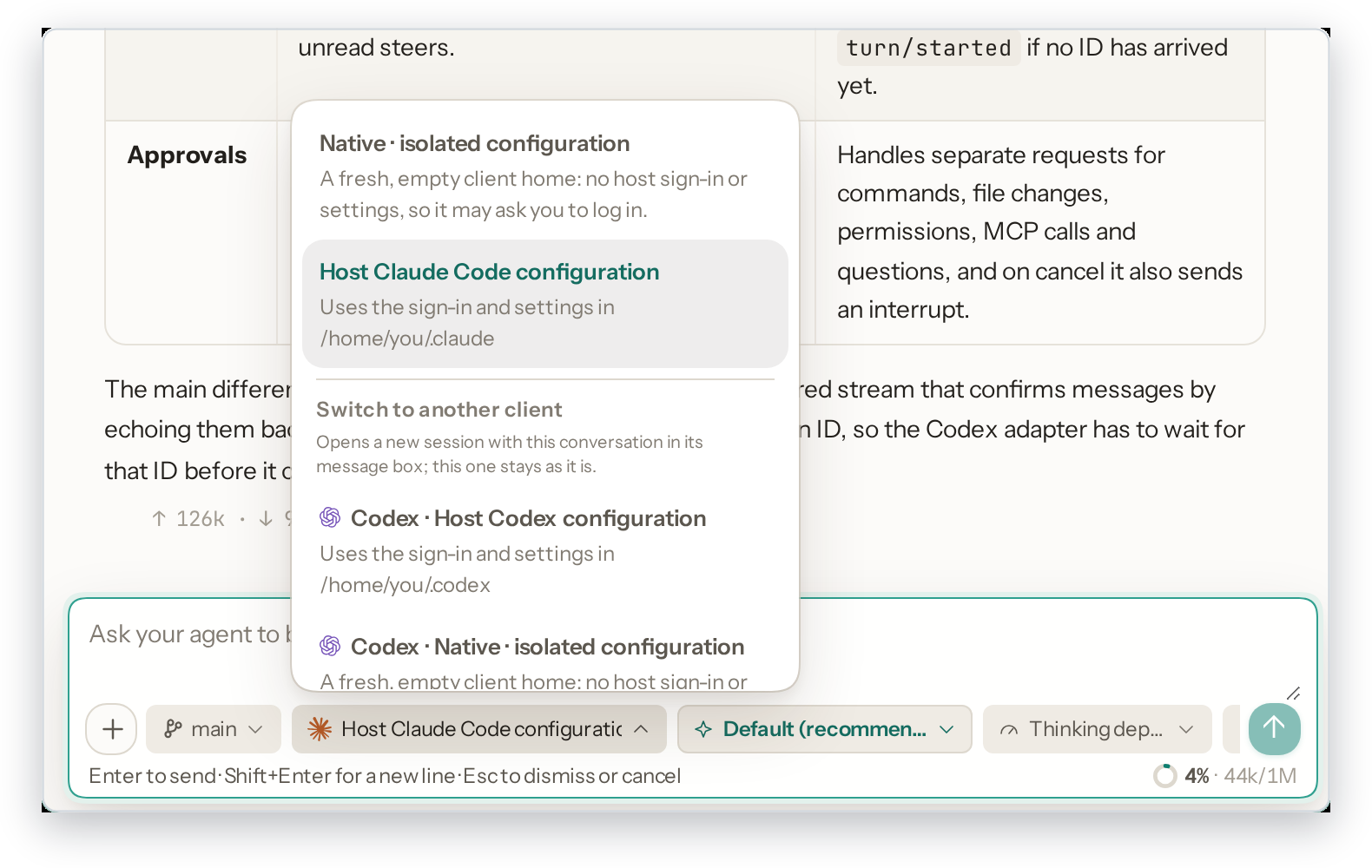 The endpoint menu: host sign-in, a team gateway or an isolated client home, and hand-off to Codex.