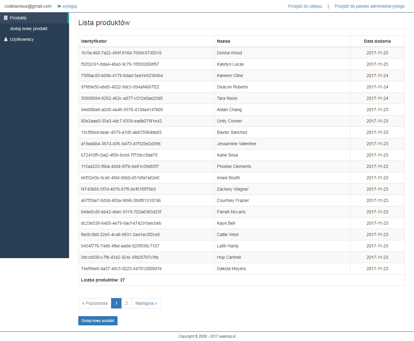 Lista produktów w panelu administracyjnym