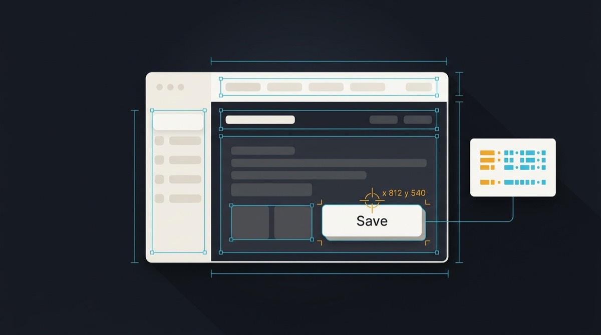 An app window with measurement rectangles snapped around each element, a crosshair on the Save button labelled x 812 y 540, and a card of extracted structured data